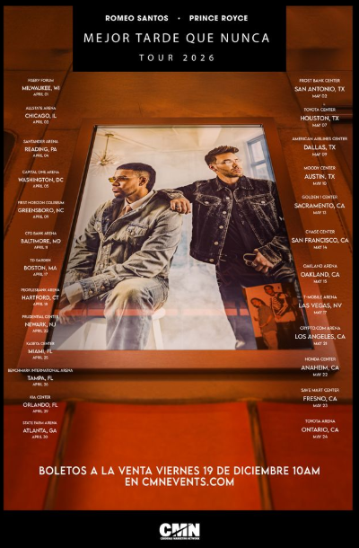 ROMEO SANTOS & PRINCE ROYCE revelan las primeras fechas de su gira conjunta MEJOR TARDE QUE NUNCA TOUR 2026